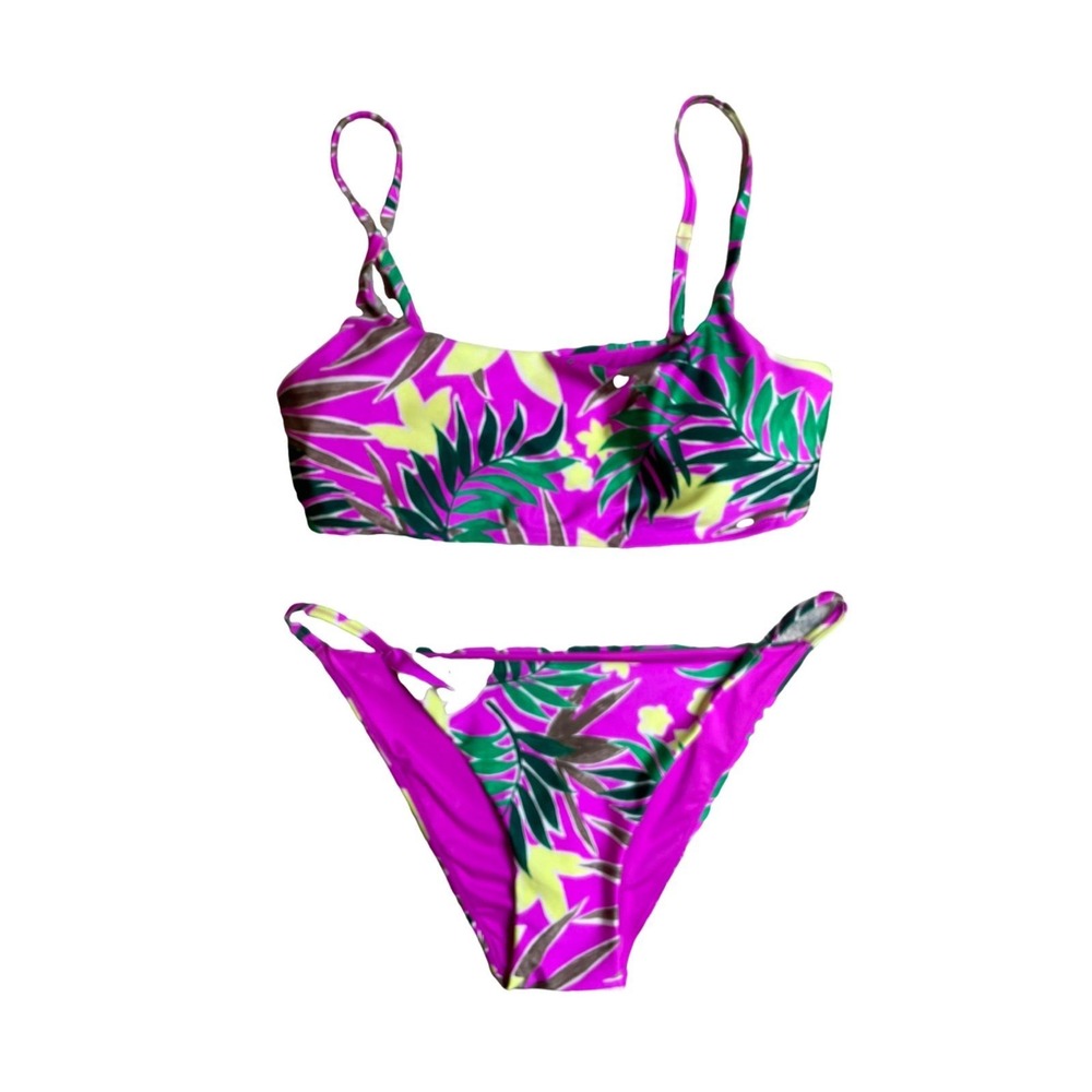 Love & Sport Tropical Shimmer Bikini Magenta Burst Womens L $35